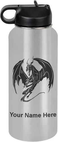 Vista 76 de LaserGram Botella de agua con tapa abatible de doble pared de 12 onzas con pajilla, dragón, grabado personalizado incluido (negro)