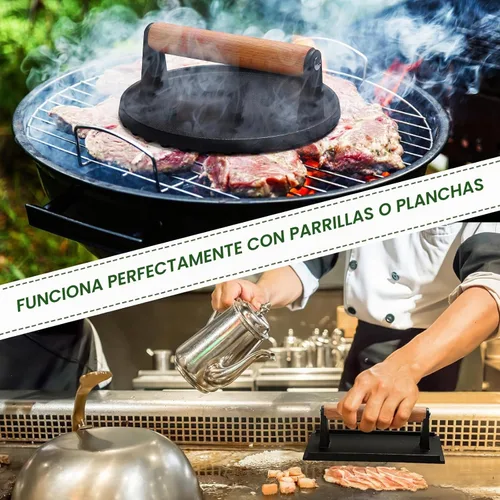 Vista 5 de Prensa de hamburguesas, redonda de 7" y rectangular de 8.2"X4.3", prensa de tocino para aplastar de hierro fundido resistente para carne y bistec