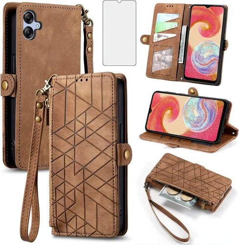 Vista 9 de Asuwish Funda para teléfono Samsung Galaxy A04e con protector de pantalla de vidrio templado y correa para la muñeca de cuero con cremallera