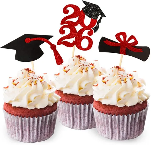 Vista 7 de Decoración para cupcakes de graduación con purpurina azul 2026, selecciones de alimentos/aperitivos, suministros de fiesta de graduación de 2026