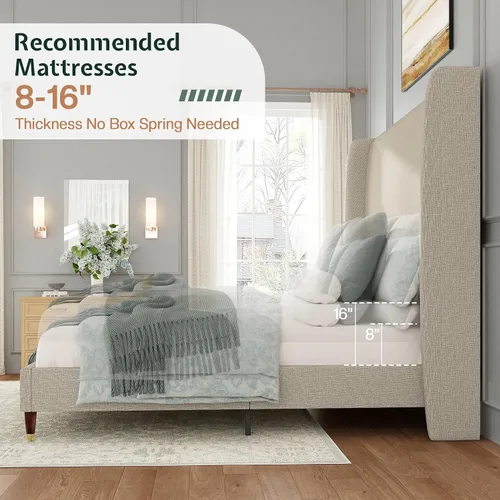Vista 8 de Jocisland Base de Cama de Plataforma Completamente Tapizada con Cabecero Wingback de 51.2" de Alto–Patas de Madera Sólida, No Necesita Somier, Lino