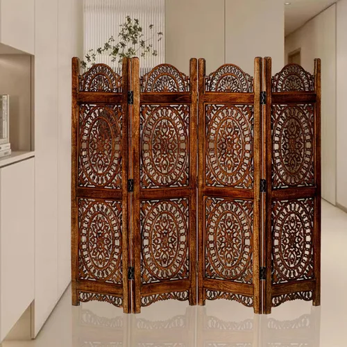 Vista 6 de Lightnpro - Divisor plegable con bisagras de madera con diseño de corazón de madera, 4 paneles con diseños intrincadamente tallados, premontado