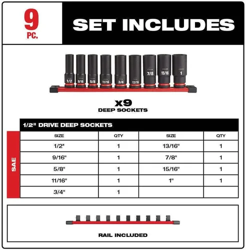 Vista 5 de Compatible con Milwaukee 49-66-7022 SHOCKWAVE Juego de llaves de vaso SAE de 6 puntos de 1/2 pulgada - 9 piezas - 2