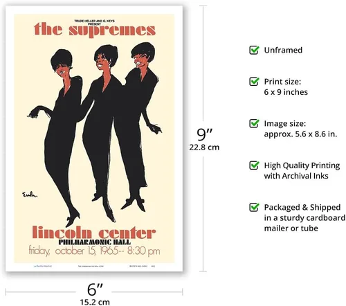Vista 2 de The Supremes - 1965 Lincoln Center Philharmonic Hall Concert - Vintage Music Poster by Joe Eula c.1965 - Master Art Print (Unframed) 6in x 9in