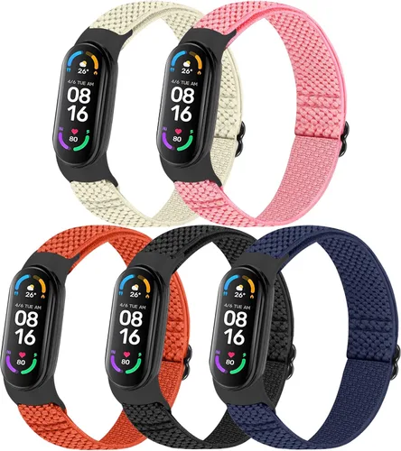 Vista 13 de TumpCez Paquete de 5 correas de nailon Solo Loop compatibles con Xiaomi Mi Band 7 6 5 4 3/Amazfit Band 5 correas, ajustable, transpirable, cómoda