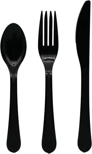 Vista 9 de Party Essentials - Paquete combinado de cubiertos de plástico extra resistentes, tamaño completo, cuchillos/tenedores/cucharas, negro, juego para 8