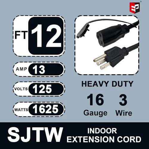 Vista 2 de EP 12 FT 16/3 SJTW - Cable de extensión para interiores, 1 a 3, divisor de Máximo 6 pies de extremo a extremo (12 pies en total) 3 clavijas