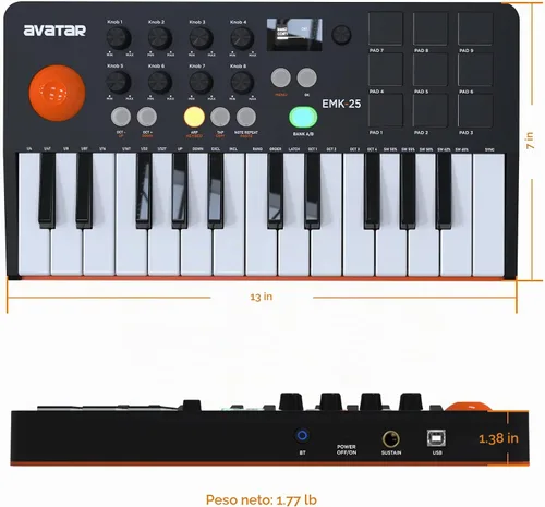 Vista 6 de Controlador de teclado MIDI Bluetooth portátil HXW, con 25 teclas, 9 almohadillas de ritmo retroiluminadas, pantalla OLED, 8 perillas, software
