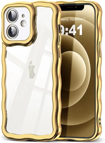 Vista 74 de SKYLMW Funda compatible con iPhone 12 Pro, diseño de ondas rizadas kawaii, borde chapado de lujo, elegante parte trasera transparente brillante, TPU