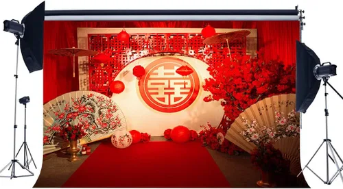 Vista 4 de Telón de fondo de boda chino para fotografía, 5 x 3 pies, estilo chino, decoración de boda, telón de fondo rojo para niñas, fiesta de boda