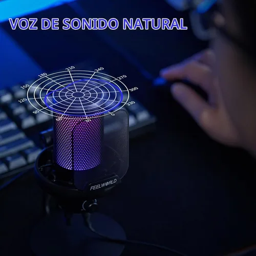 Vista 6 de FEELWORLD VM1 Micrófono USB para PC de juegos Micrófono condensador con cancelación de ruido, luz RGB silenciosa, accesorios para computadora