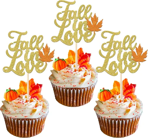 Vista 9 de Rsstarxi Paquete de 24 adornos para cupcakes con purpurina de otoño de hojas de arce de otoño, palillos para cupcakes, decoración de pasteles