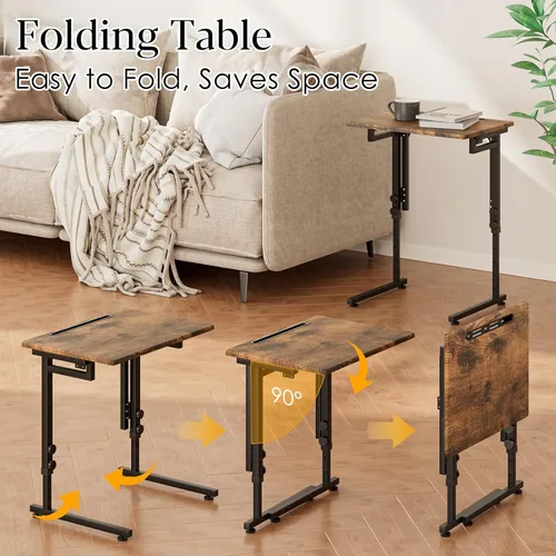 Vista 5 de Adjustable Folding TV Tray Table,TV Dinner Small Foldable C-Shaped End Table for Eating,6 Height Adjustable Slide Under Couch Side with Sturdy MDF