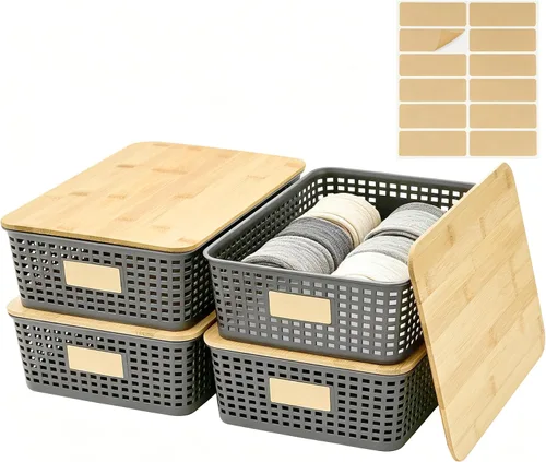 Vista 14 de Bagnizer Contenedores pequeños de plástico con tapas de bambú de 5.2 cuartos de galón, cesta apilable para despensa, contenedores decorativos lindos