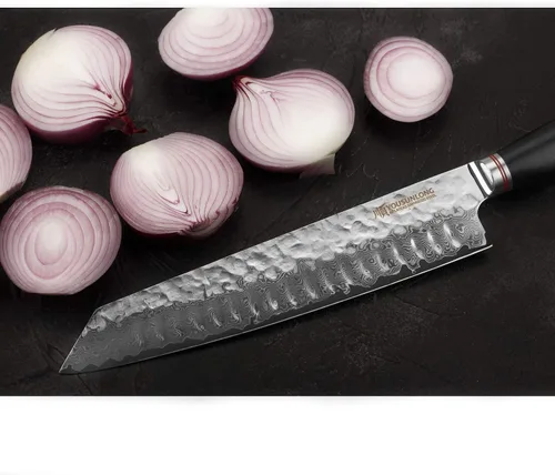 Vista 5 de YOUSUNLONG Kiritsuke - Cuchillo de chef japonés de acero Danascus de 10 pulgadas, afilado, mango de madera de plomo natural con funda de cuero