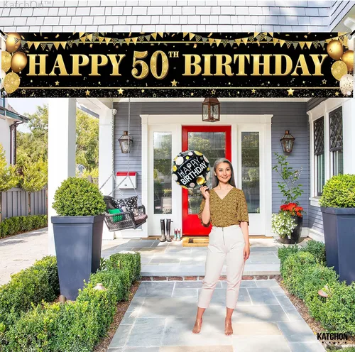 Vista 6 de KatchOn, Cartel de feliz cumpleaños 50 extra grande – 120 x 20 pulgadas Decoraciones de cumpleaños 50 para mujeres y hombres Cartel de feliz