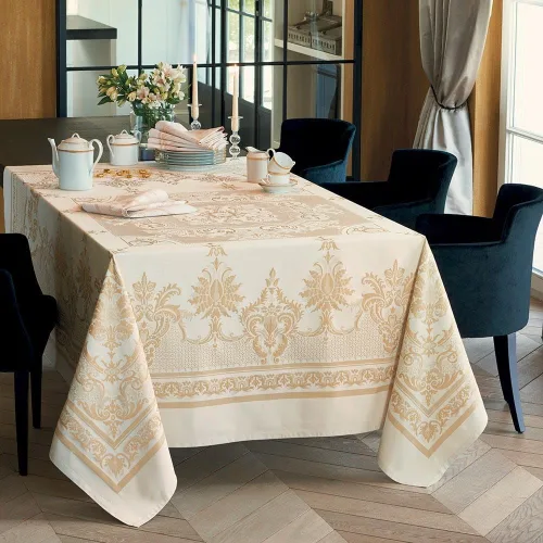 Vista 2 de Garnier Thiebaut, Eleonore Dore - Elegante mantel de jacquard renacentista francés, 100% algodón, redondo de 69 pulgadas, color verde dulce tratado