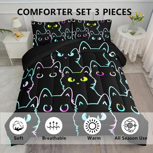 Vista 3 de Axolotl - Juego de ropa de cama para niños con diseño de gatos de dibujos animados tamaño individual, juego de edredón con líneas degradadas y lindo