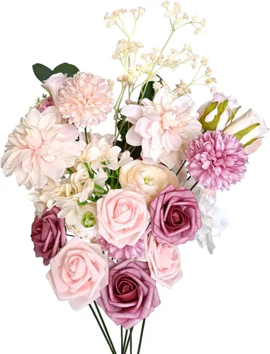 Vista 2 de Flores de seda, ramo de flores artificiales, caja combinada de flores artificiales con tallos para arreglos florales, ramos de boda, fiesta, hogar