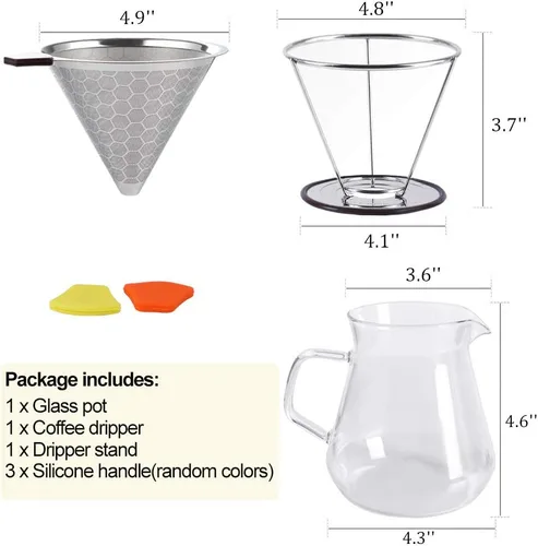 Vista 7 de Kit de cafetera con gotero de café, filtro de acero inoxidable reutilizable, jarra de vidrio de borosilicato resistente al calor de 20.3 fl oz
