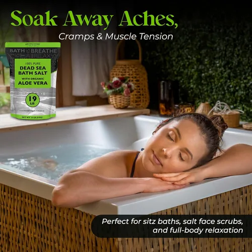 Vista 3 de Aromasong Sal orgánica del mar muerto de aloe vera de 19 libras + baño de recuperación muscular paquete de 3 libras – Hidratación calmante