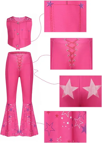 Vista 3 de Disfraz de vaquera para niñas, disfraz de discoteca hippie de los años 70 y 80, disfraz de Halloween, uniforme rosa
