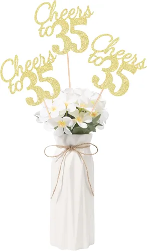 Vista 26 de Gexolenu Cheers to 21, paquete de 10 centros de mesa con purpurina dorada de doble cara para cumpleaños número 21 para mesas, palitos decorativos
