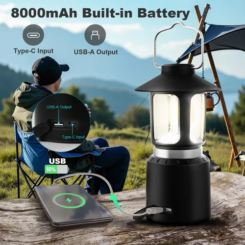 Vista 5 de Linterna LED telescópica para campamento, 8000 mAh, funciona con pilas, luces de campamento vintage, 3 modos de luz, luces de tienda de campaña
