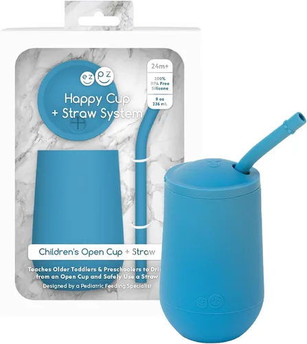 Vista 2 de ezpz Happy Cup + sistema de popote (azul) - 24 meses + - Taza 100% de silicona + popote para niños mayores + preescolares - Diseñado por un