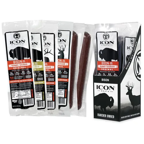Vista 8 de ICON Meats Bison & Pork Summer Sausage, Garlic Flavor, High Protein, 4 Pack