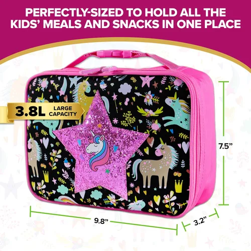 Vista 5 de Decorably Lonchera aislada de unicornio para niñas con diseño de parche de estrella brillante, fácil de limpiar, resistente al agua, con bolsillo