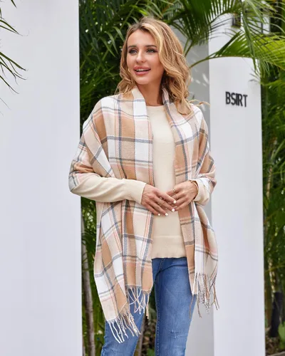 Vista 7 de Fuinloth Bufanda grande a cuadros para mujer, chal largo para invierno, cálido y ligero