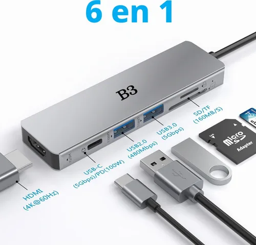 Vista 2 de Adaptador multipuerto USB C Hub 6 en 1 con HDMI 4K@60Hz, 100W PD, 2 puertos de datos USB A y lector de tarjetas SD/TF, Hub de aluminio tipo C