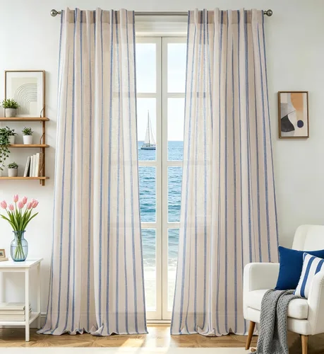 Vista 58 de DriftAway Cortinas de estilo granja con rayas verticales de lino mezclado texturizado con filtro de luz semitransparente para sala de estar