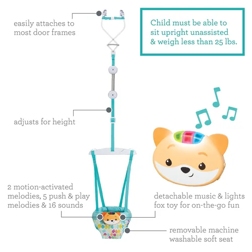 Vista 5 de Infantino Saltador de puerta 2 en 1 con música y luces - Saltador de actividad estimulante con sonidos activados por movimiento para bebés, Zorro