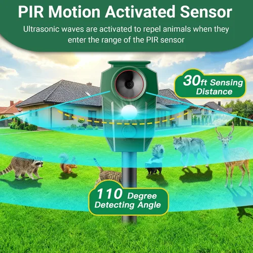 Vista 2 de Solar Ultrasonic Animal Repellent with Motion Sensor & LED Lights – Waterproof Outdoor Deer Repellent Device for Yard, Garden & Lawn – Effective