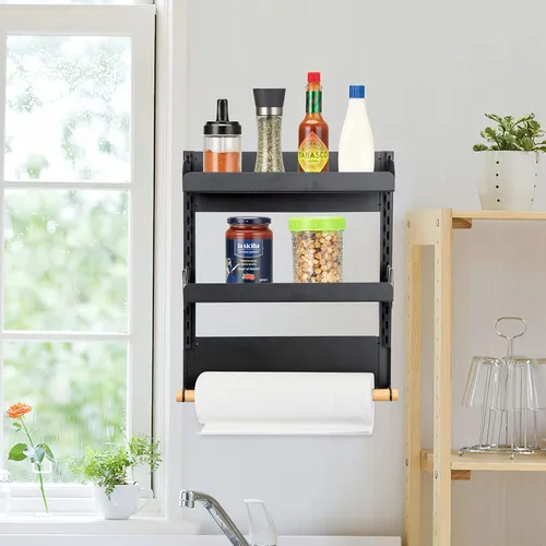 Vista 5 de Fashionwu Estantes magnéticos para especias para nevera, organizador de especias magnético de 2 niveles con soporte para toallas de papel