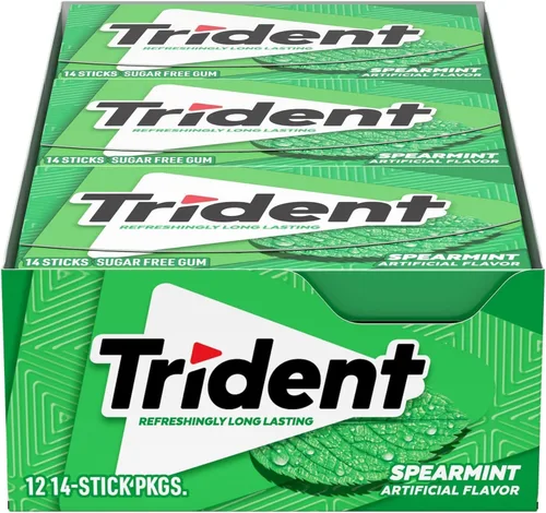 Vista 27 de 12 paquetes de 14 unidades cada uno; es decir, en total son 168 unidades de goma de mascar Trident Bubblegum sin azúcar sabor chicle. Accesorios