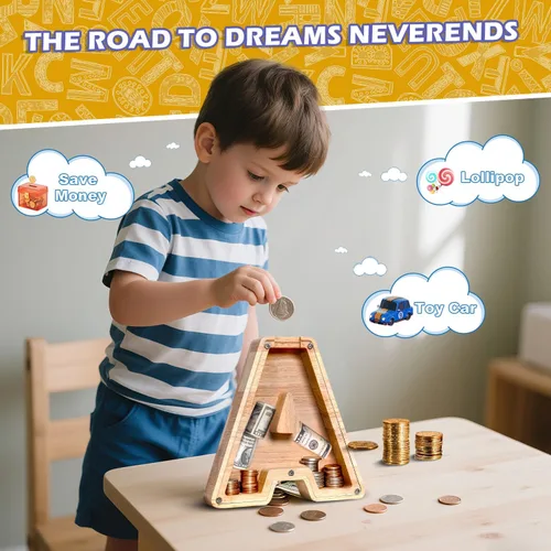 Vista 2 de Alcancía de Madera Personalizada con Letras del Alfabeto, Banco de Monedas con Letras del Alfabeto para Niños, Niñas y Bebés, Tamaño Grande, 26