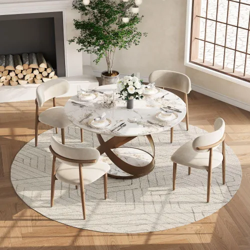 Vista 22 de POVISON Juego de 4 sillas de comedor redondas de lino y algodón con mesa de comedor de vidrio (mesa de comedor de 51 pulgadas + 4 sillas)