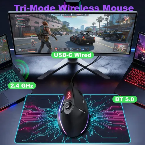 Vista 4 de TKMARS Ratón inalámbrico para juegos con balancín 5D, modo ri, 24000 DPI 12 botones programables, mouse ergonómico para túnel carpiano, recargable