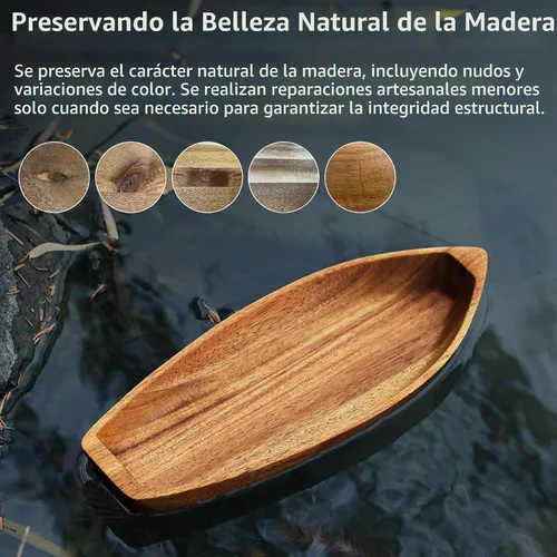 Vista 8 de Bandeja para servir Barco de la Suerte, plato de madera maciza de acacia con forma interesante para servir postres, frutas, aperitivos y ornamento