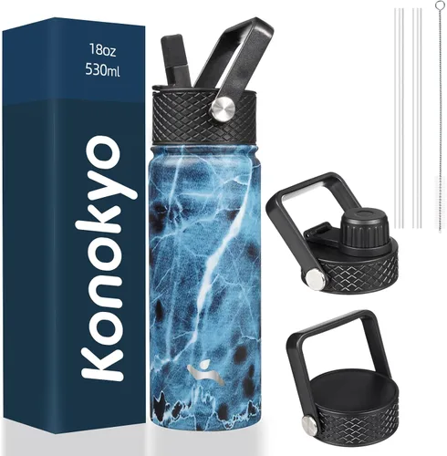 Vista 41 de Konokyo - Botella de agua aislada de 18 onzas, botellas deportivas de acero inoxidable con 3 tapas, verde militar