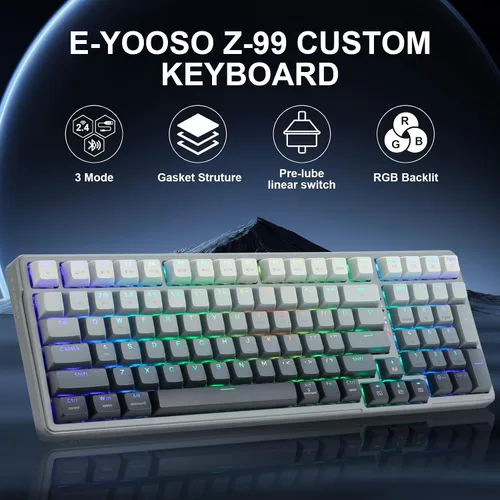 Vista 8 de E-YOOSO - Teclado mecánico inalámbrico Bluetooth, 99 teclas, color gris degradado Wired Gaming Keyboard RGB Backlit, Hot Swappable Pre-lubed