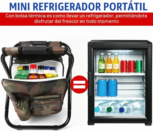 Vista 8 de Kikerike Mochila plegable con aislamiento, silla plegable para camping, caza, pesca, multifunción con bolsillo frontal y bolsillo para botella