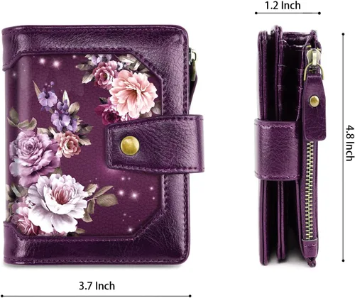 Vista 4 de Cartera pequeña para mujer, con bloqueo RFID, de piel, compacta, con bloqueo RFID, con cremallera y ventana de identificación, flores moradas