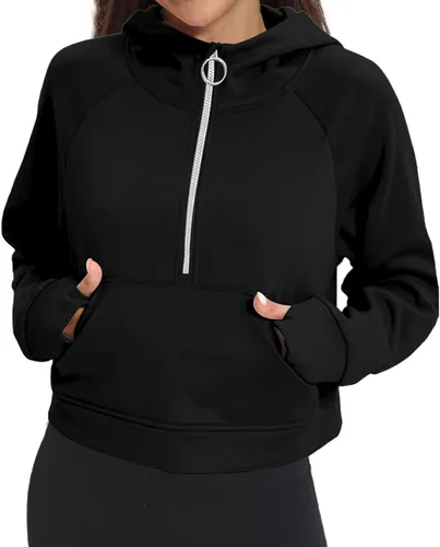 Vista 3 de FKEEP Half Zip Hoodies for Women Zipper Up Cropped Hooded Long Sleeve Athletic Pullover Tops with Thumb Hole