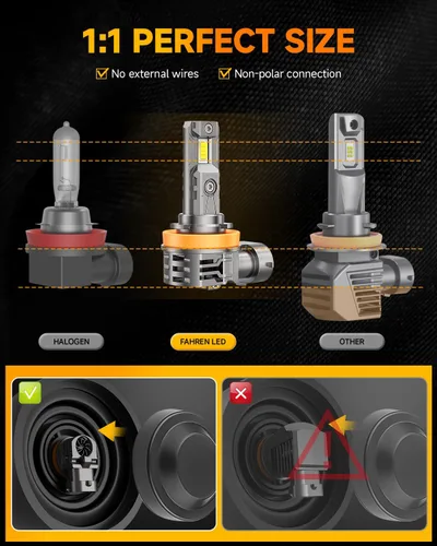 Vista 4 de FAHREN Bombilla H11/H9/H8 mejorada, 40,000 lm ultra brillante real 1:1 tamaño mini H11, luz blanca fría H11 de 6500 K, instalación rápida,