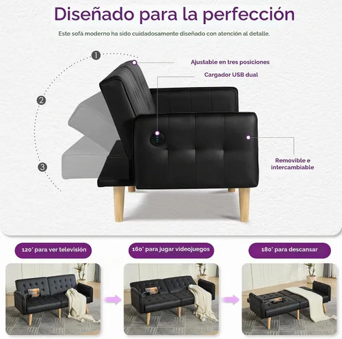 Vista 5 de TYBOATLE Sofá Cama Futón Plegable Convertible de Cuero Sintético de 65'' con 2 USB, Sofá de Dos Plazas para Espacios Pequeños, Apartamento