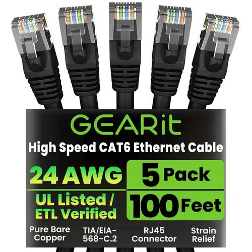 Vista 20 de GEARit Cables de conexión Cat6 de 1 pie negro (paquete de 5) Cables de conexión Cat 6 de 1 pie, cable de conexión negro/Ethernet, 10Gbps 550MHz